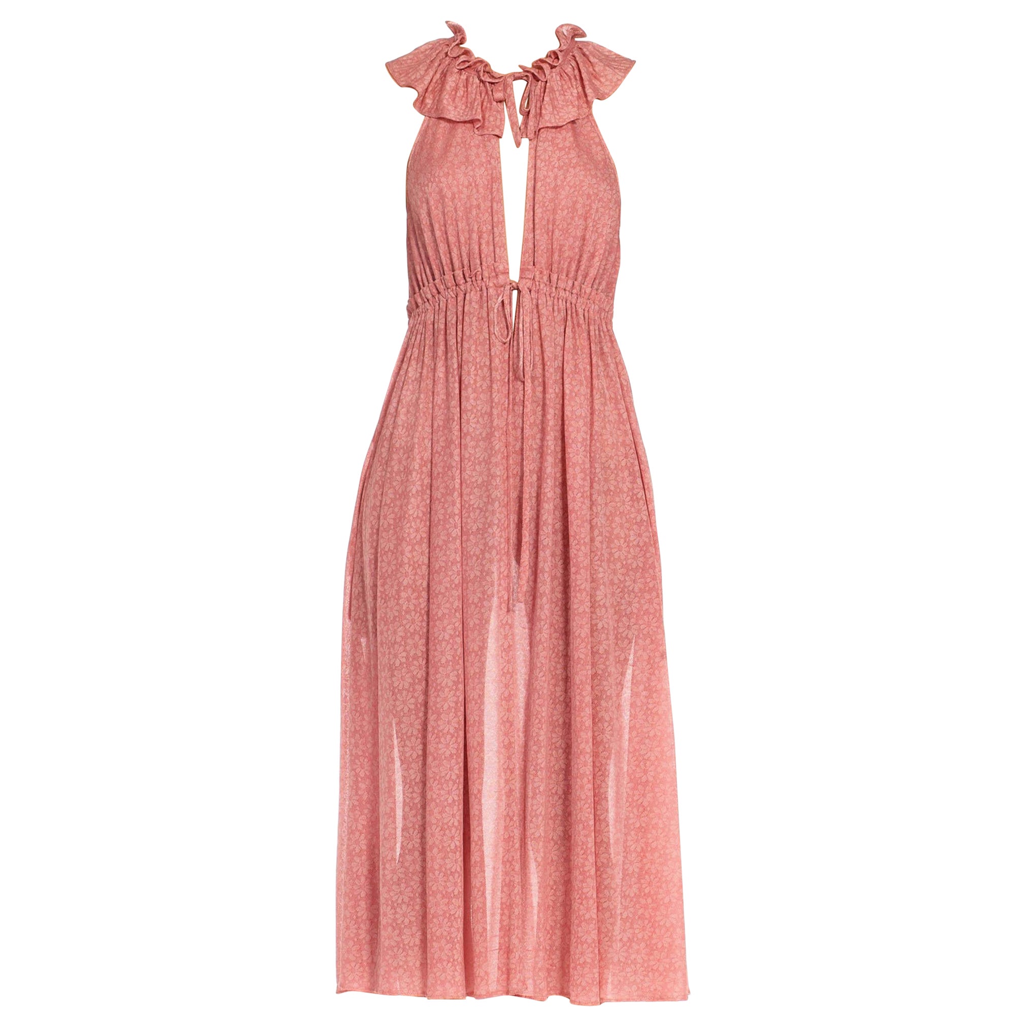 1970S Ossie Clark Radley Pink Nylon Blend Floral Knit Low Cut Dress For Sale