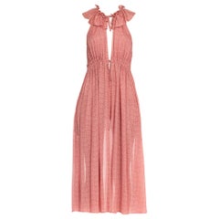 Vintage 1970S Ossie Clark Radley Pink Nylon Blend Floral Knit Low Cut Dress