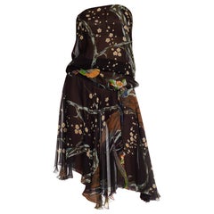 Vintage 1970S STEPHEN BURROWS HENRI BENDEL Black Polyester Chiffon Cherry Blossom & Bir