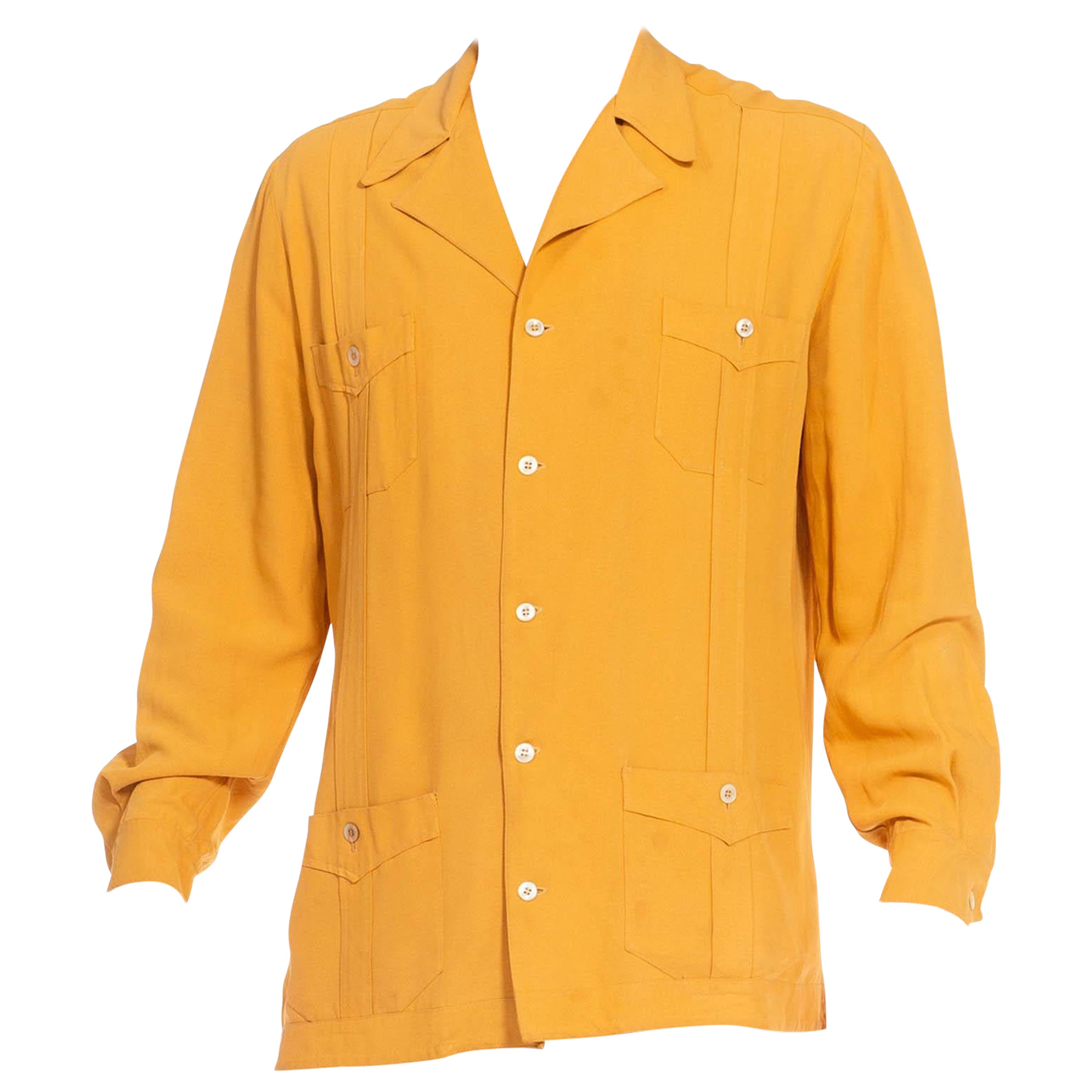 1940S Mustard Silk Blend Crepe Western Style Button Up Shirt