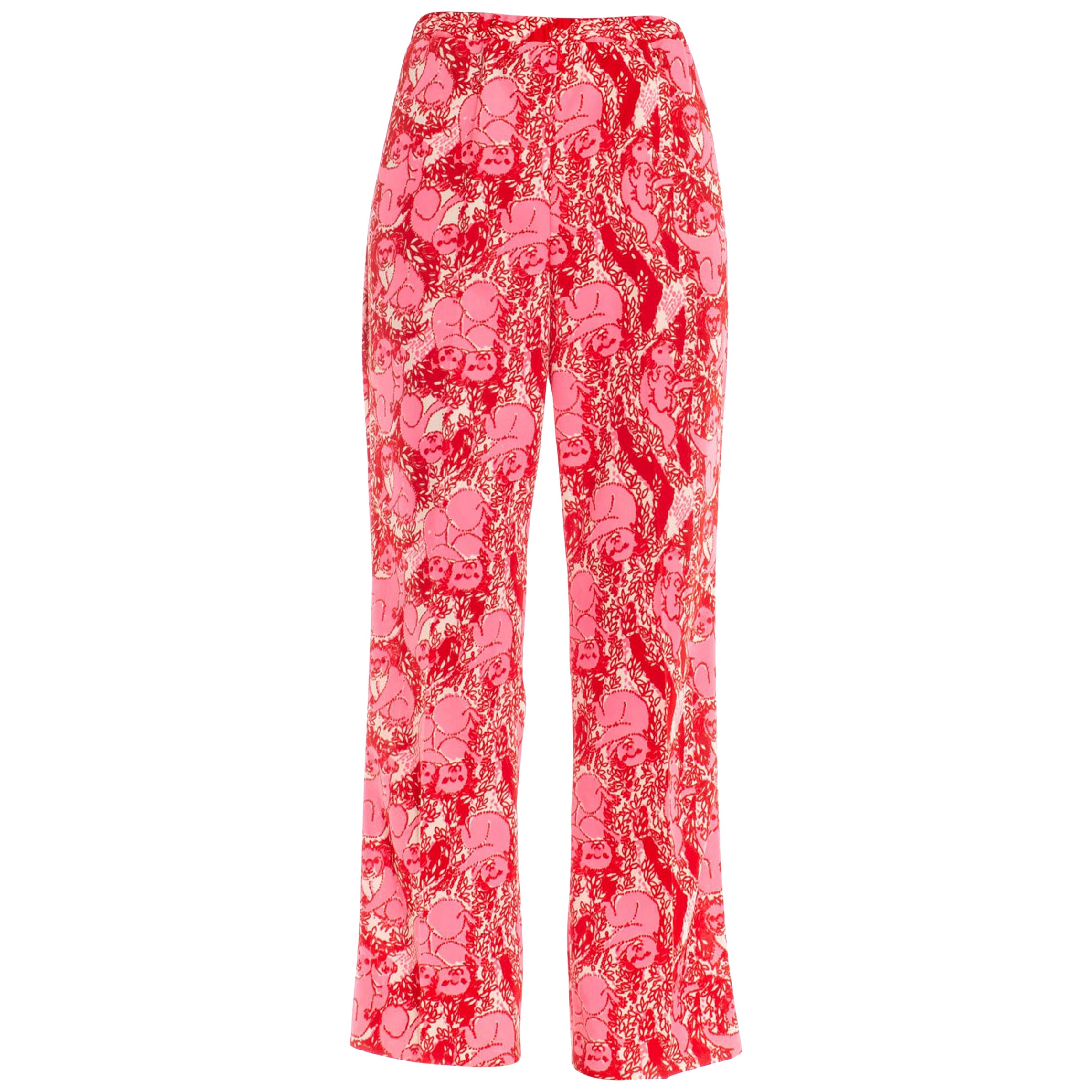 1970S Lilly Pulitzer Pink & Red Polyester Stretch Koala Print Pants