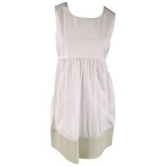 CELINE Size 6 White Cotton Blend Sleeveless Leather Trim A Line Dress