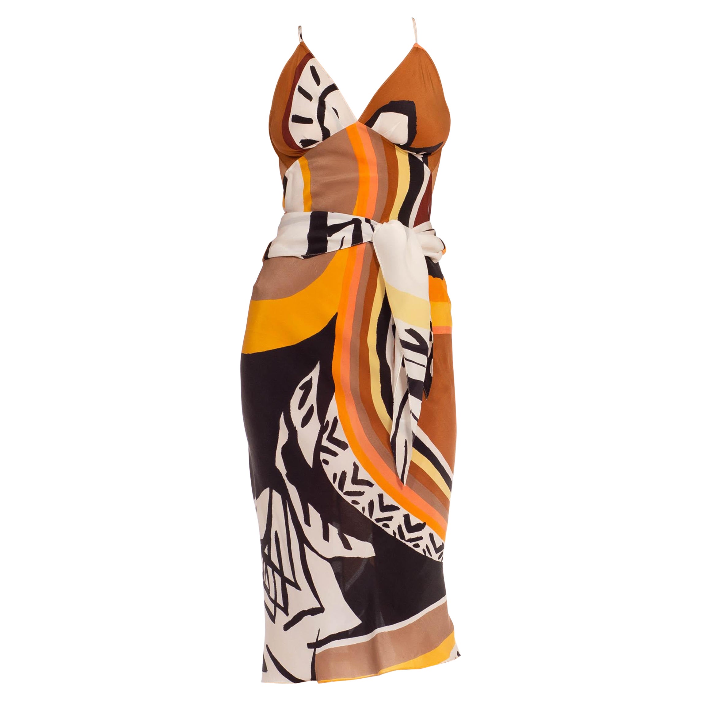 MORPHEW COLLECTION Brown & Orange Silk Twill Sagittarius Scarf Dress Made From 