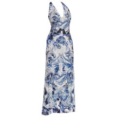 2000S Roberto Cavalli Blue & White Jersey Tropical Space Printed Halter Dress