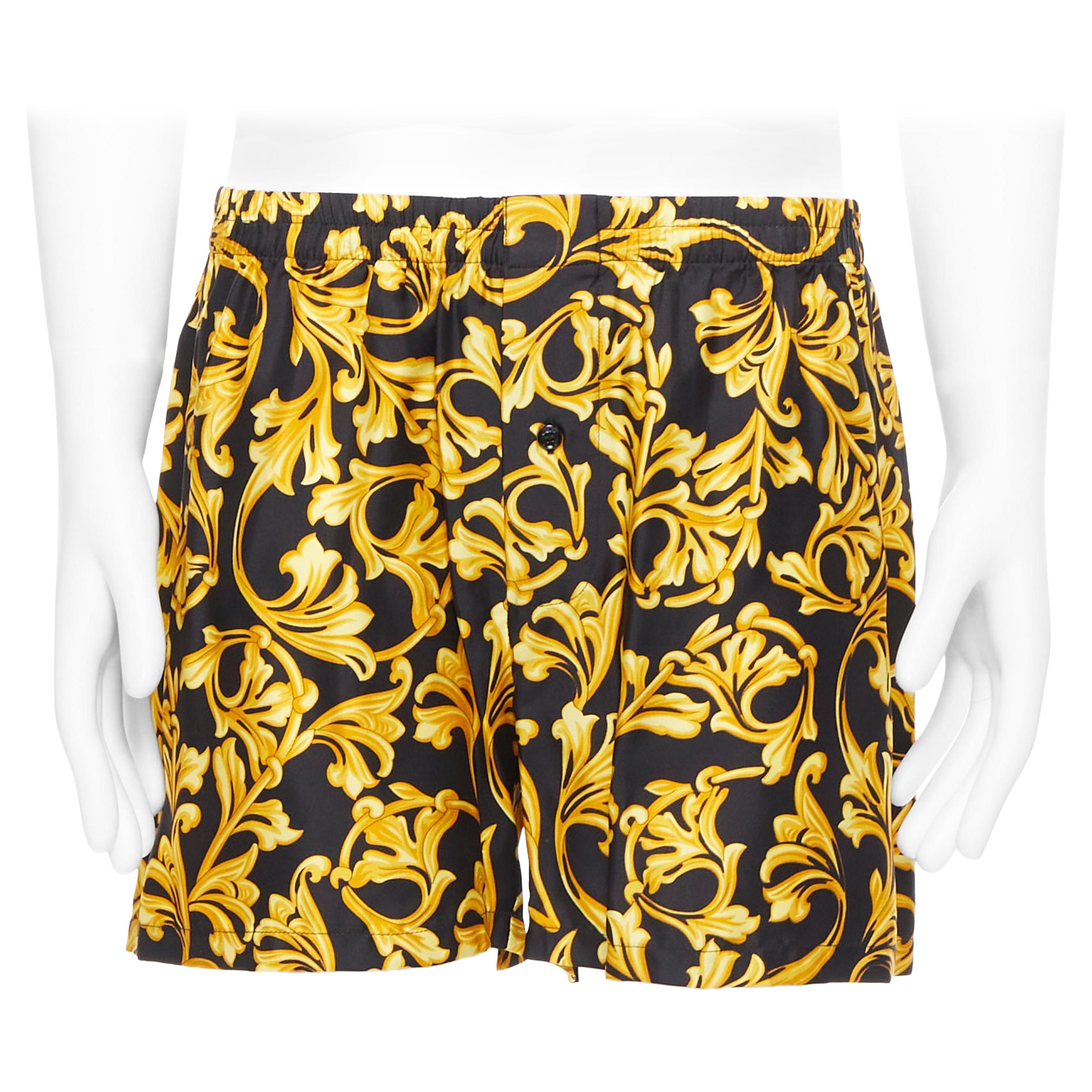 new VERSACE 100% silk black gold barocco floral print boxer shorts IT5 M For Sale
