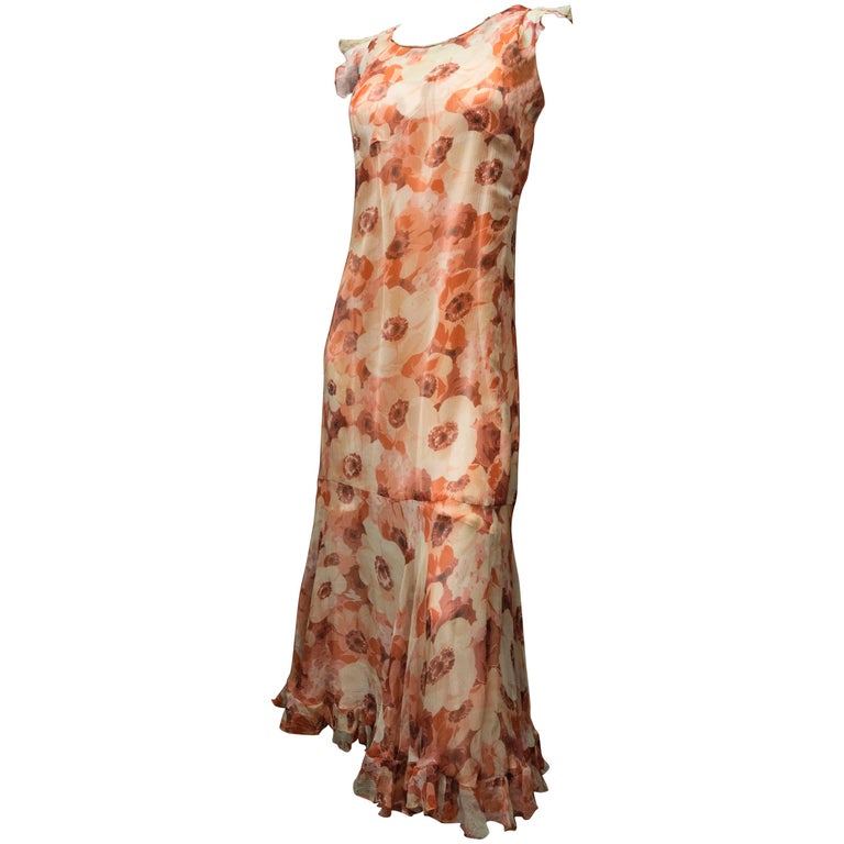 Late 1920s Silk Chiffon Floral Dress For Sale at 1stDibs