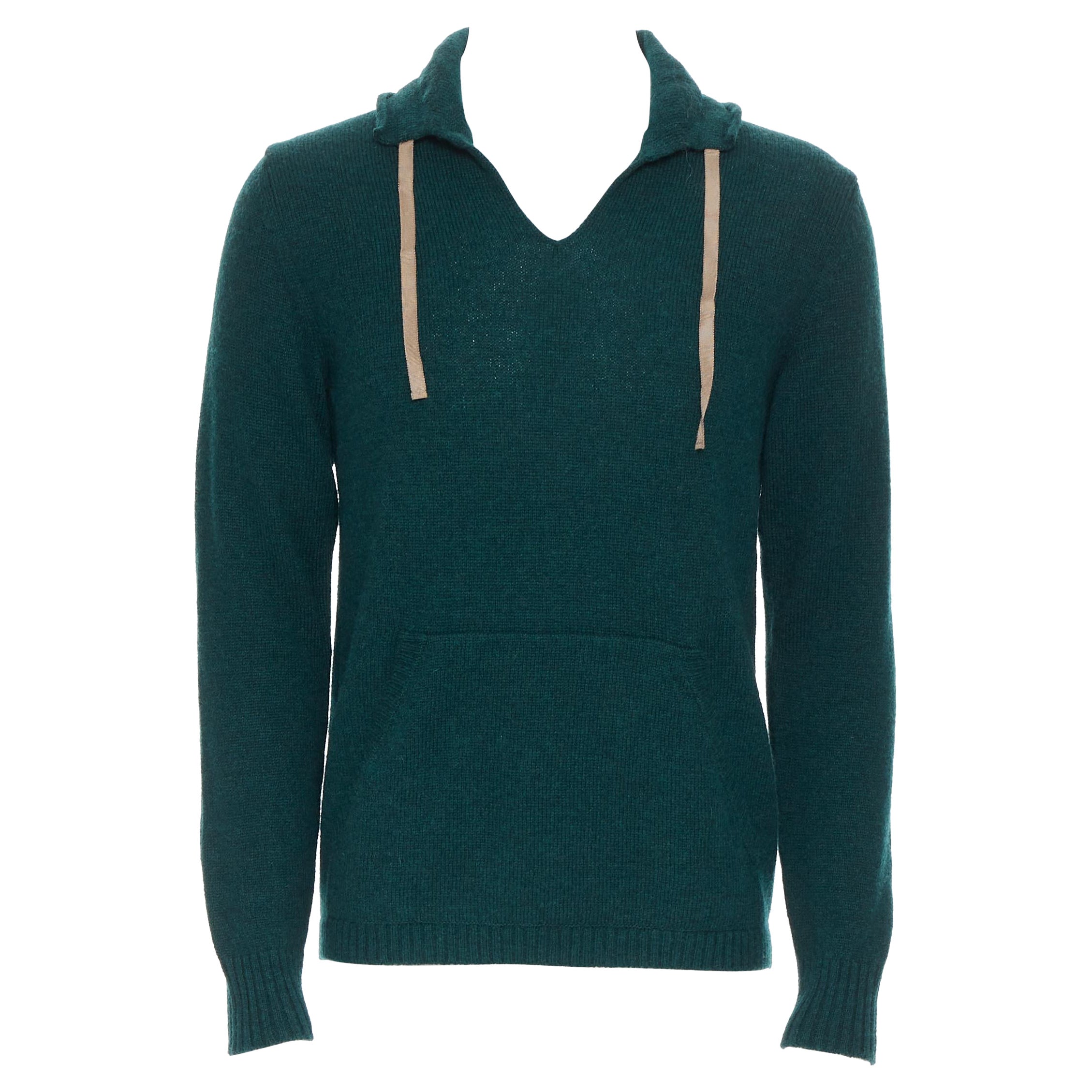 UNDERCOVER 100% wool dark green ribbon drawstring V-neck pullover sweater S For Sale