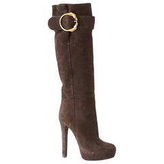 GUCCI boot platform knee suede gold horse head buckle 39 / 9  New
