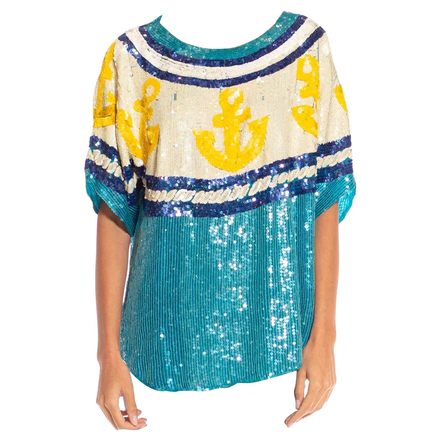 1980S Blue & Yellow Silk Nautical Sequin Blouse