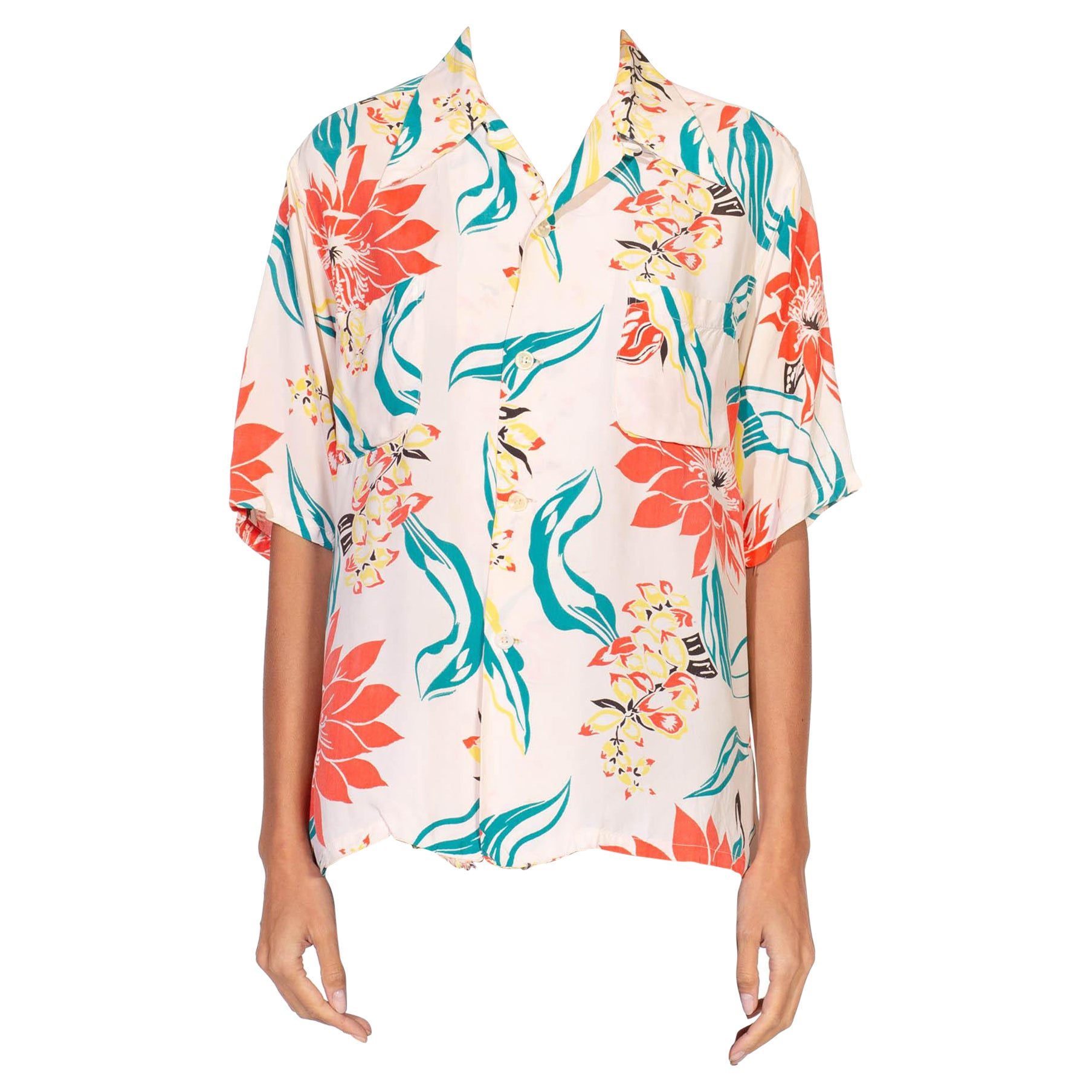 1940S Cream & Orange Silk Blend Hawaiian Print Shirt Made In Hawaii For Sale