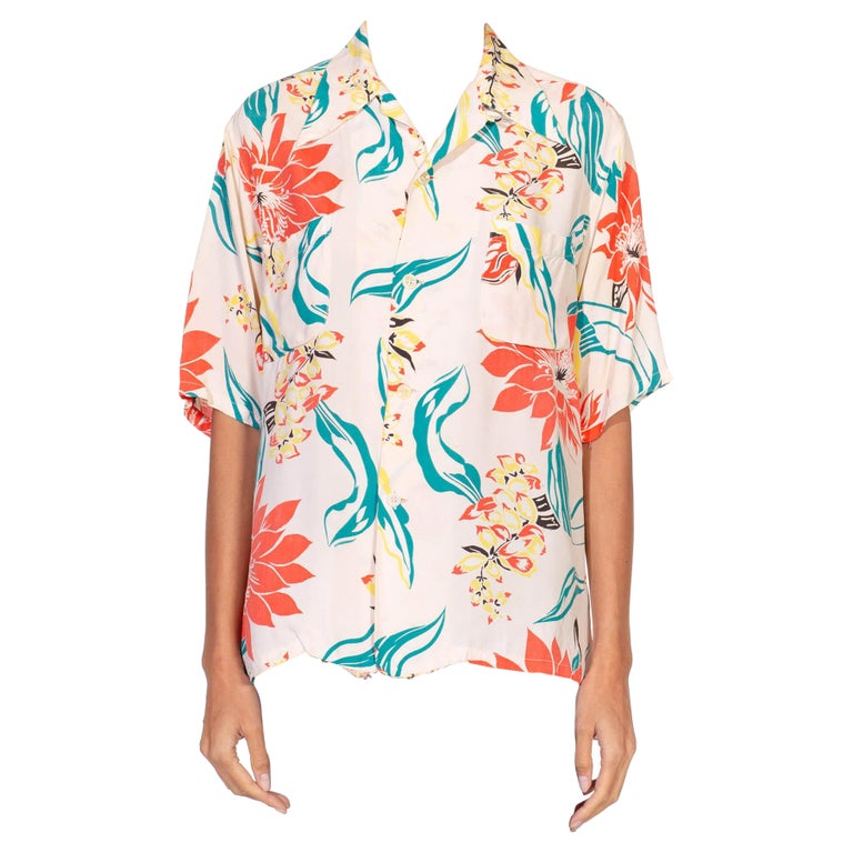 1940S Cream and Orange Silk Blend Hawaiian Print Shirt Made In Hawaii For  Sale at 1stDibs