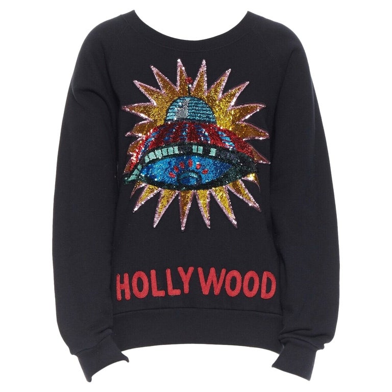GUCCI black cotton jersey pullover sweater jumper sequin UFO Hollywood IT36  at 1stDibs