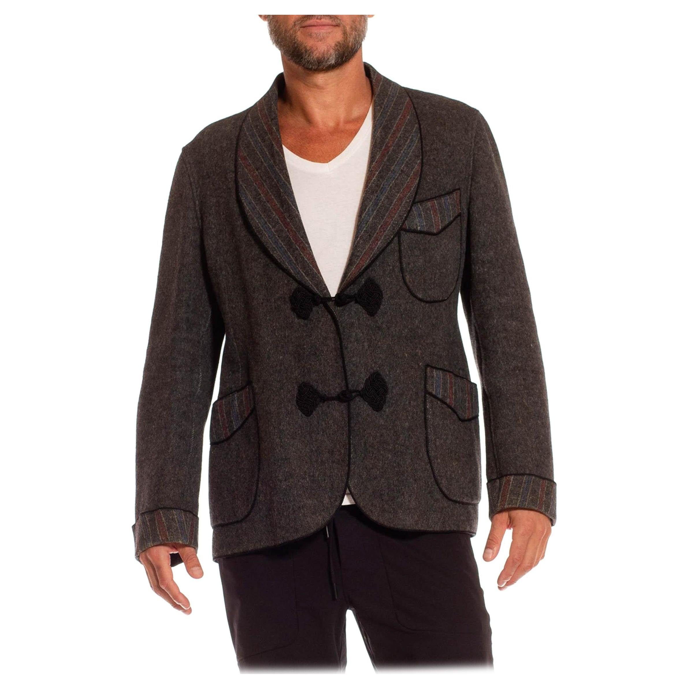 Victorian Heather Grey Wool Double Woven Stripe Men's Smoking Jacket For Sale
