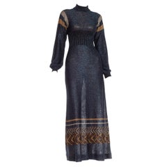 1970S Blue Metallic Poly/Lurex Knit Long Sleeve Disco Dress