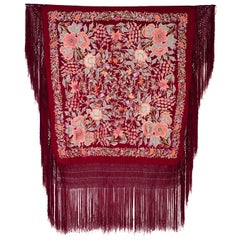 1920S Burgundy & Pink Silk Floral Embroidered Piano Shawl
