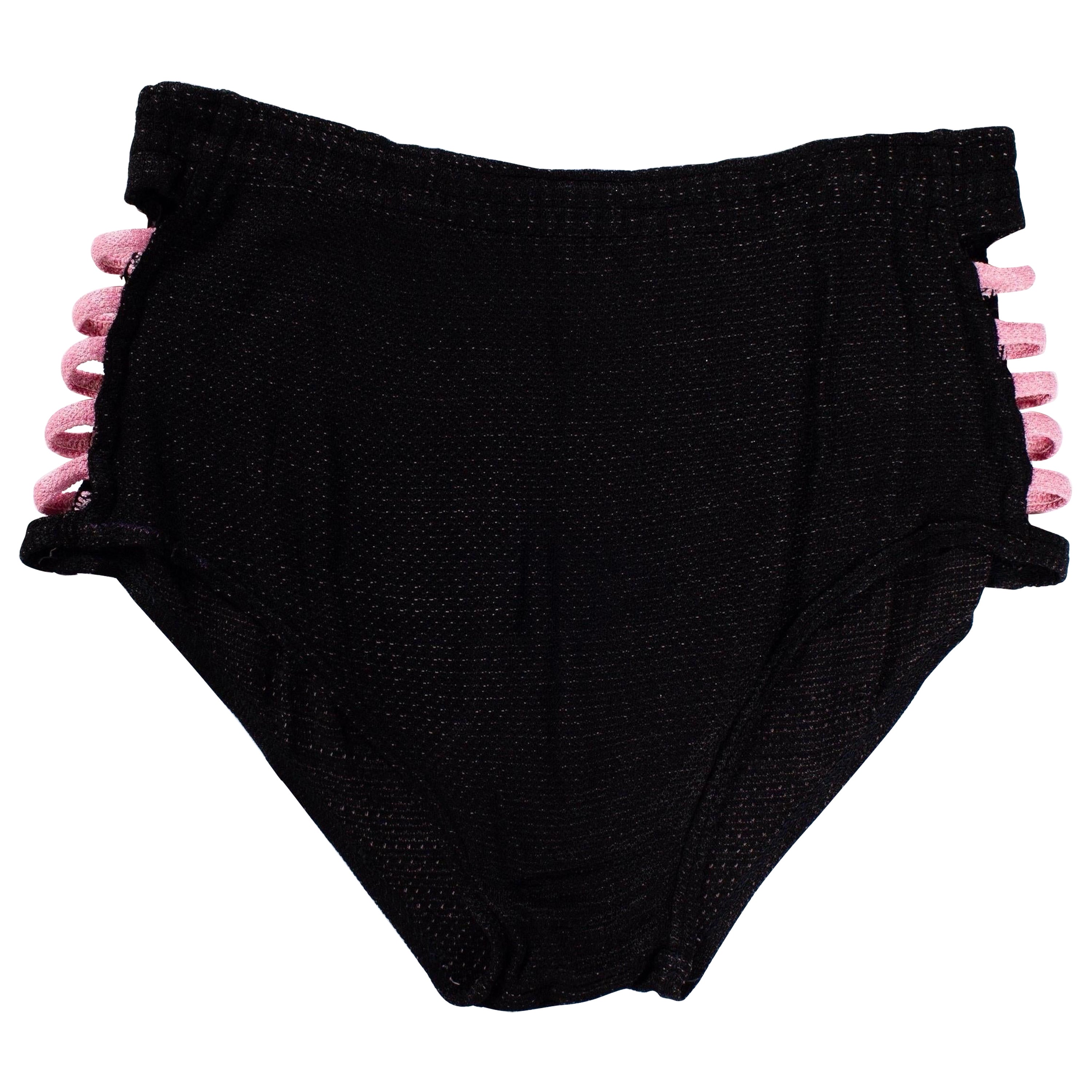 1940S Black & Pink Rayon Knit Men's Bathing Shorts With Side Cut Outs For Sale