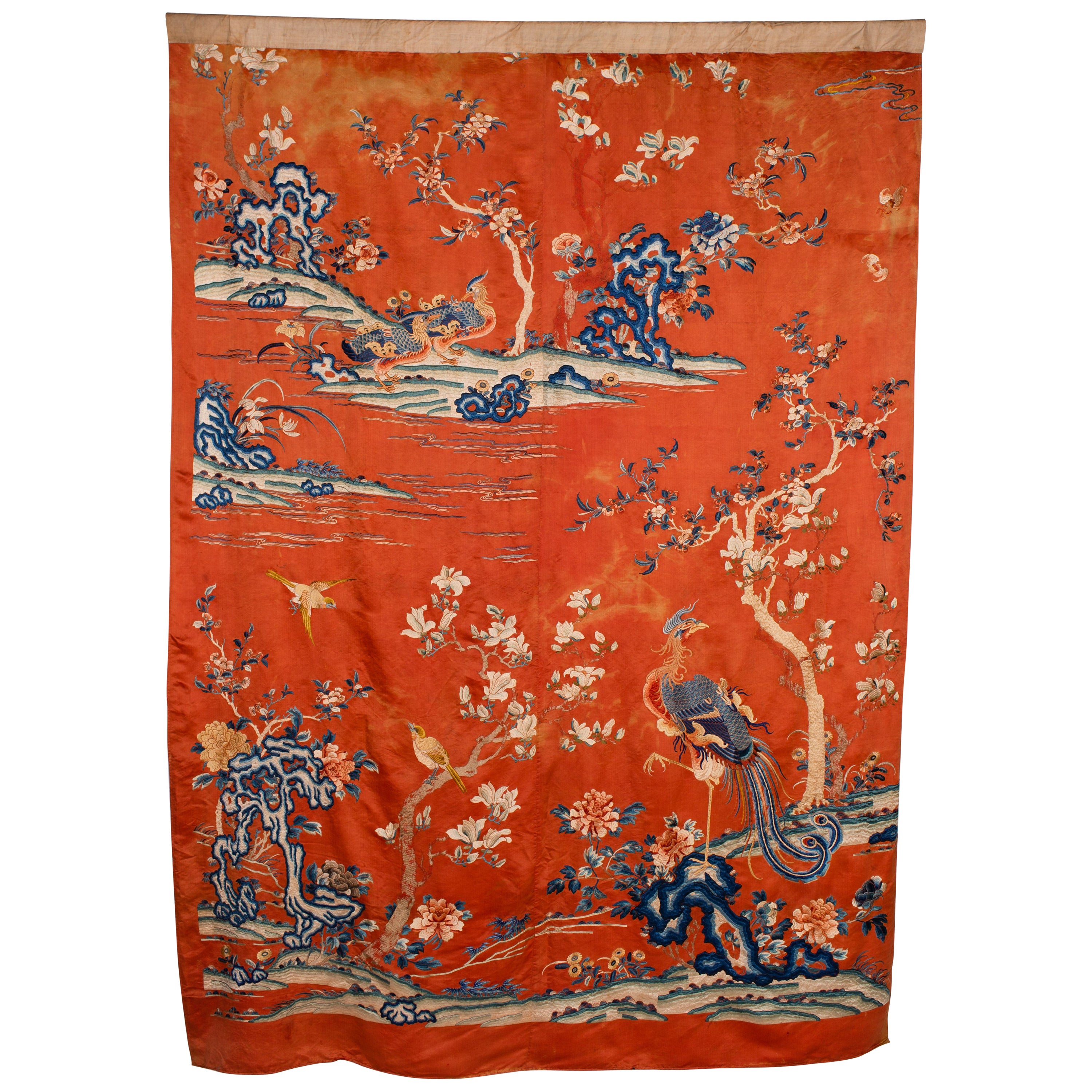 Qing Dynasty Late 19Th Century Asian Antique Silk Hand Embroidered Wall Hanging 