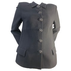 1990s Versace Black Wool Crepe Tailored Suit Jacket W/ Medusa Buttons Size 10