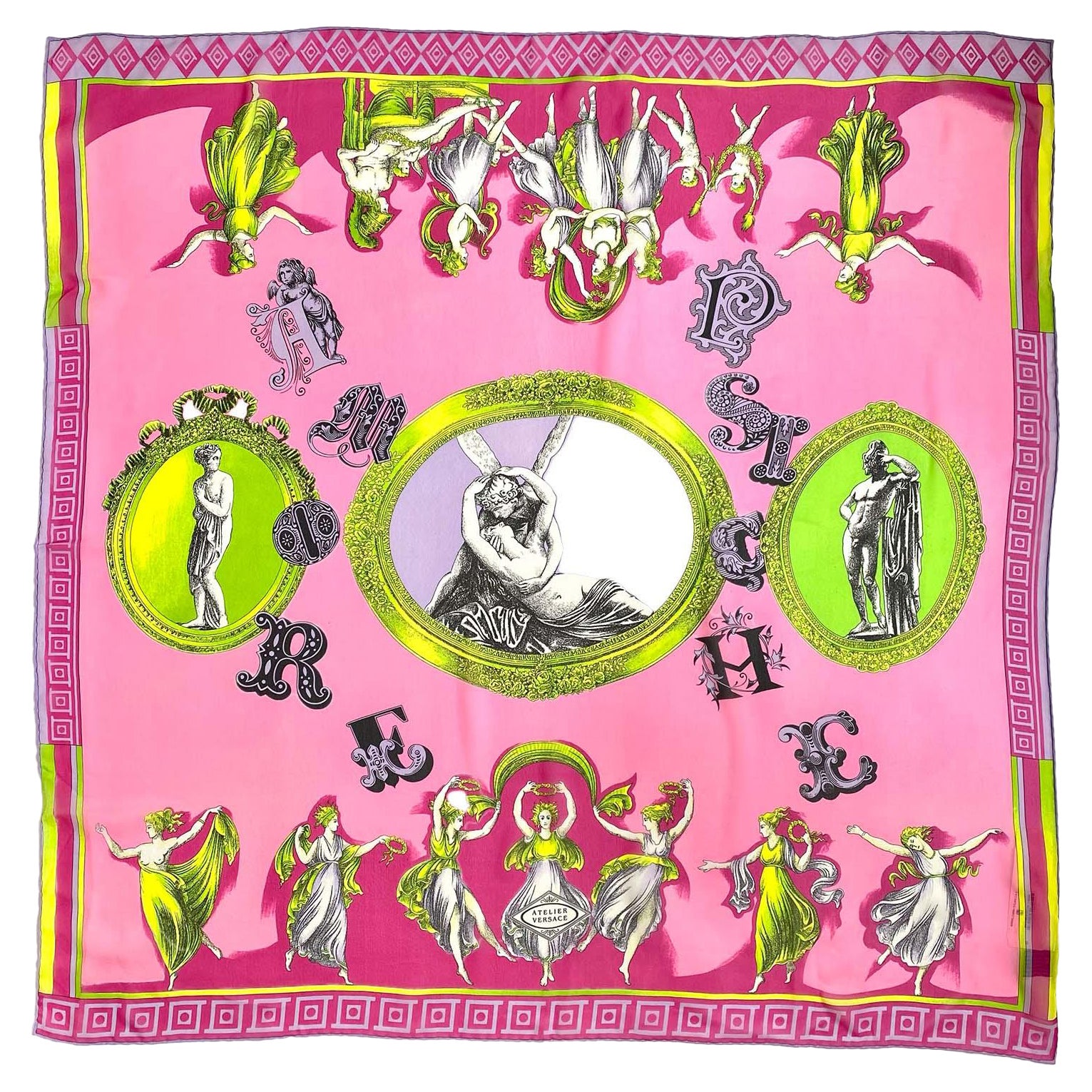 1990s Atelier Versace by Gianni Versace Amore Psiche Neon Silk Square Scarf New For Sale
