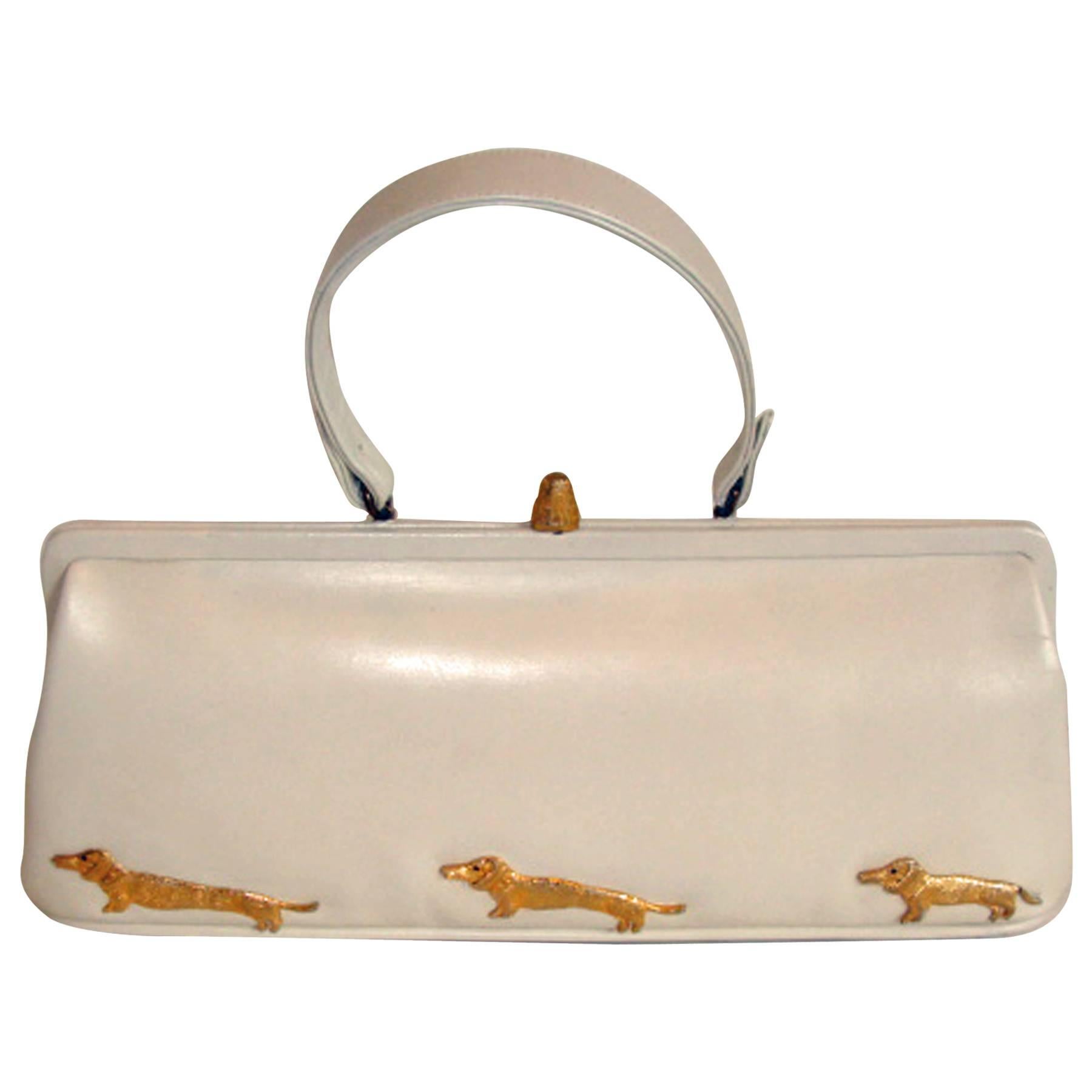 Go to the Dogs!  Rare Bag with Gold Metal Dachshund Mounts For Sale