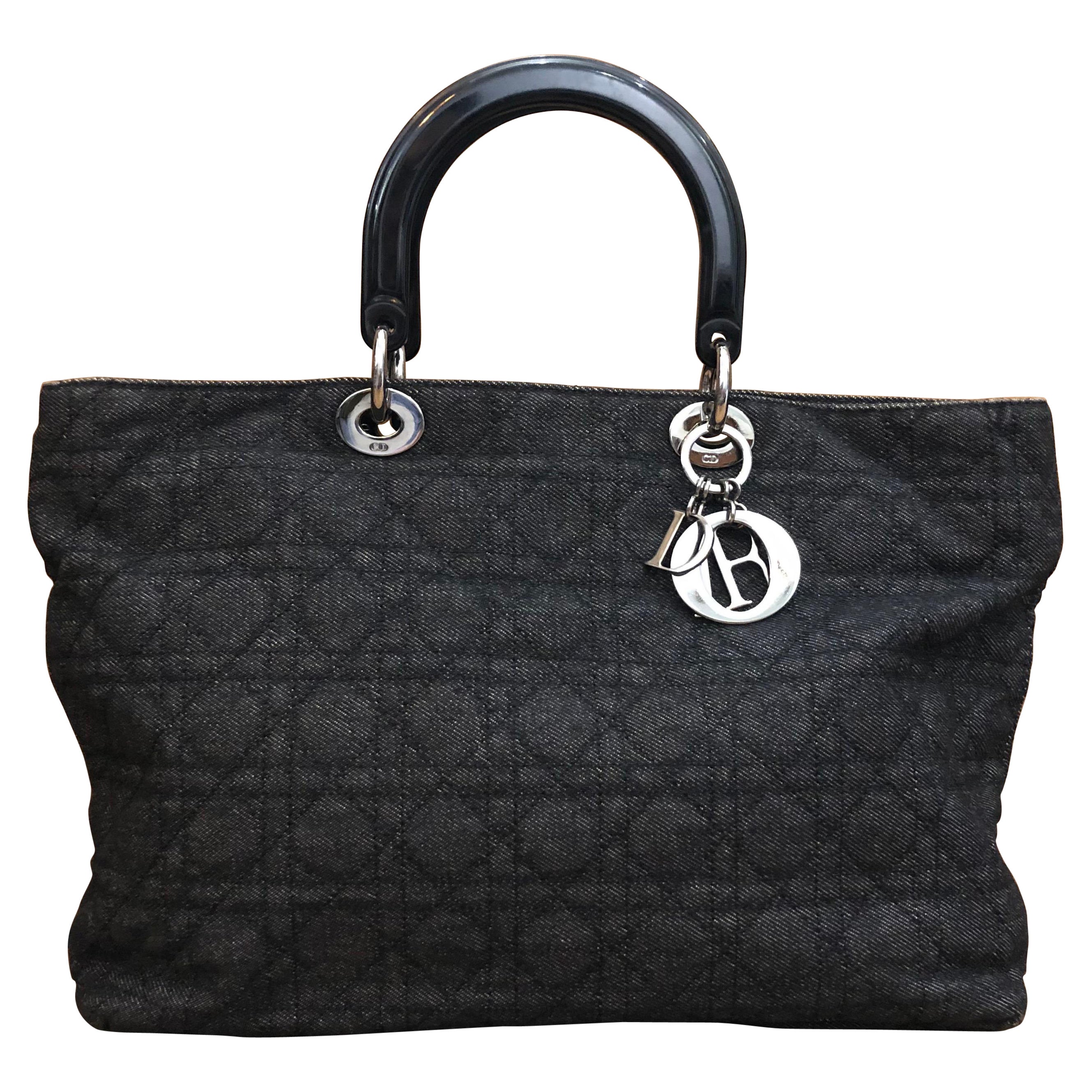 2000s CHRISTIAN DIOR Black Denim Lady Dior Tote Bag