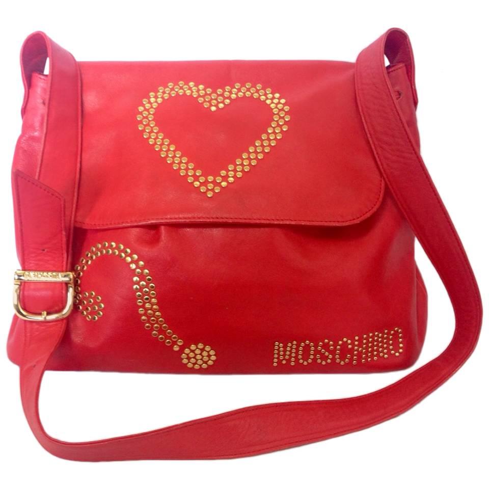 Vintage MOSCHINO red leather messenger shoulder bag with question mark, heart  For Sale