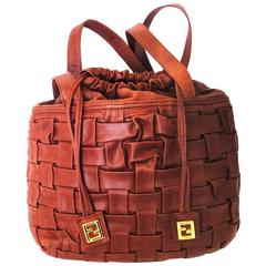 Used FENDI brick brown woven intrecciato, basket, hobo bucket shoulder bag