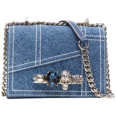 new ALEXANDER MCQUEEN denim overstitch skull knuckle duster chain crossbody bag