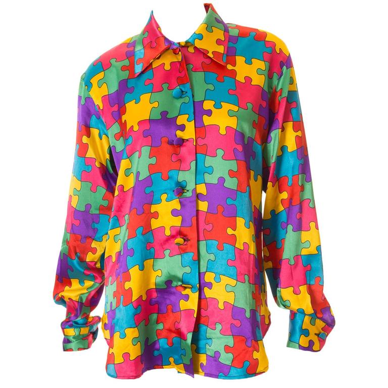 Chic Puzzle Print Satin Shirt 