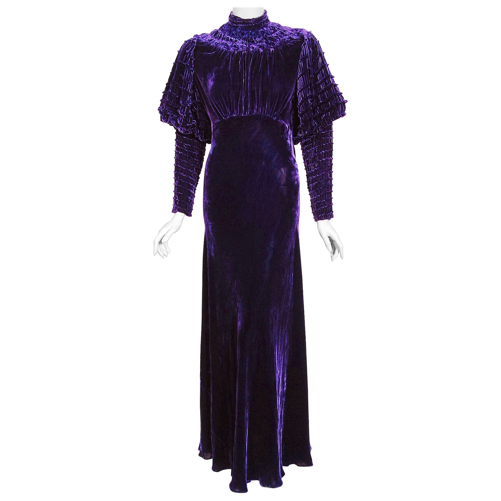 Vintage 1930's Royal Purple Silk-Velvet Ruched Mutton Sleeve Bias-Cut Deco Gown