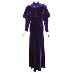 Vintage 1930's Royal Purple Silk-Velvet Ruched Mutton Sleeve Bias-Cut Deco Gown