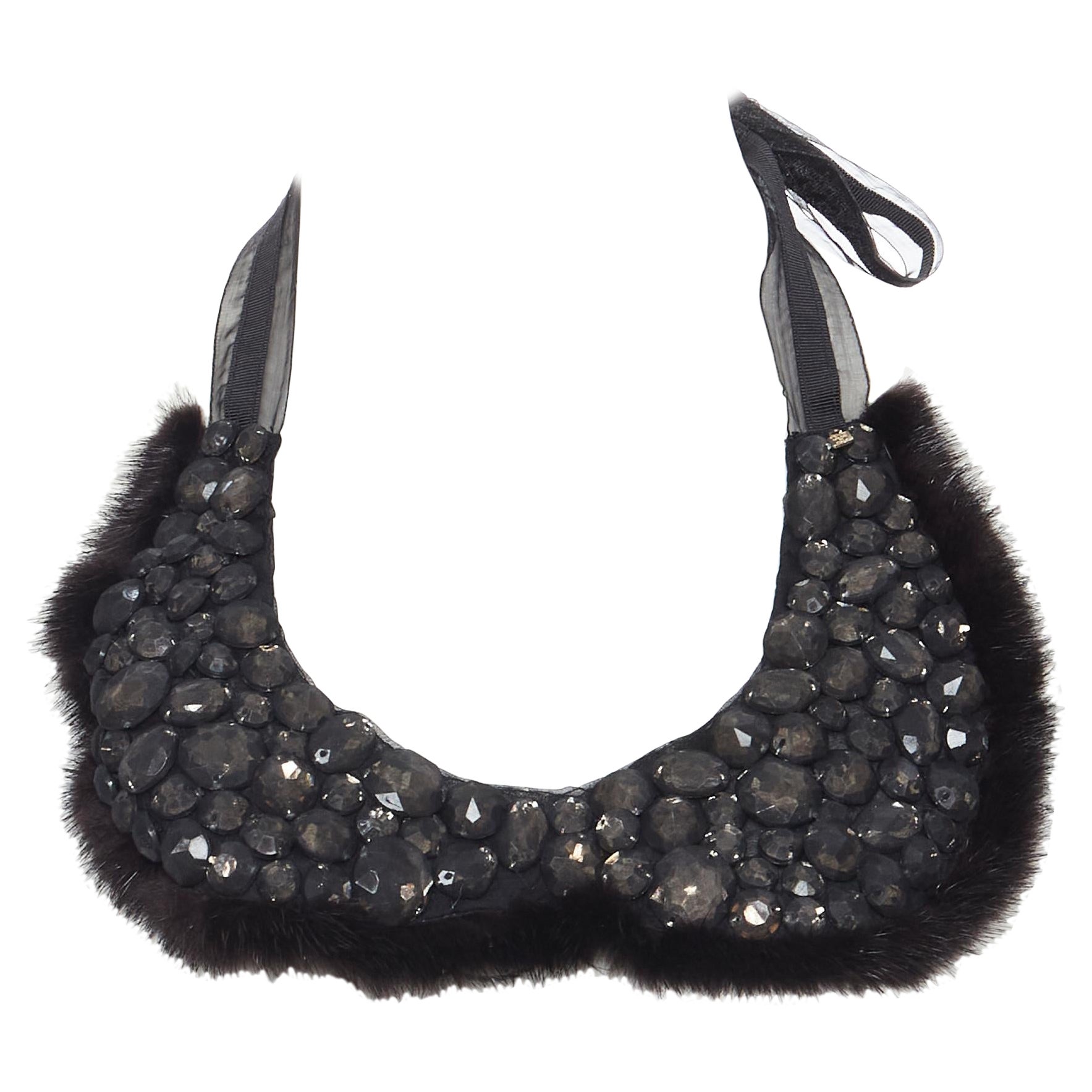 new FENDI black mesh jewel embellished fur chain self tie collar necklace For Sale