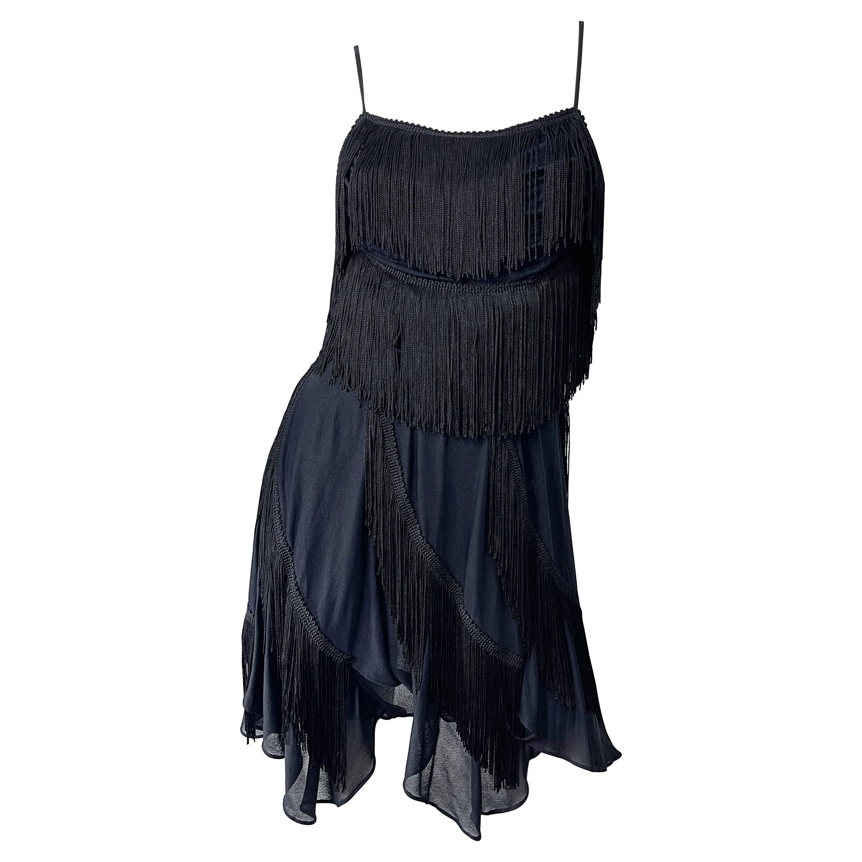 1980s Samir Black Jersey Fringe Handkerchief Hem Vintage 80s Flapper Mini Dress For Sale