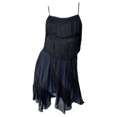 1980s Samir Black Jersey Fringe Handkerchief Hem Retro 80s Flapper Mini Dress