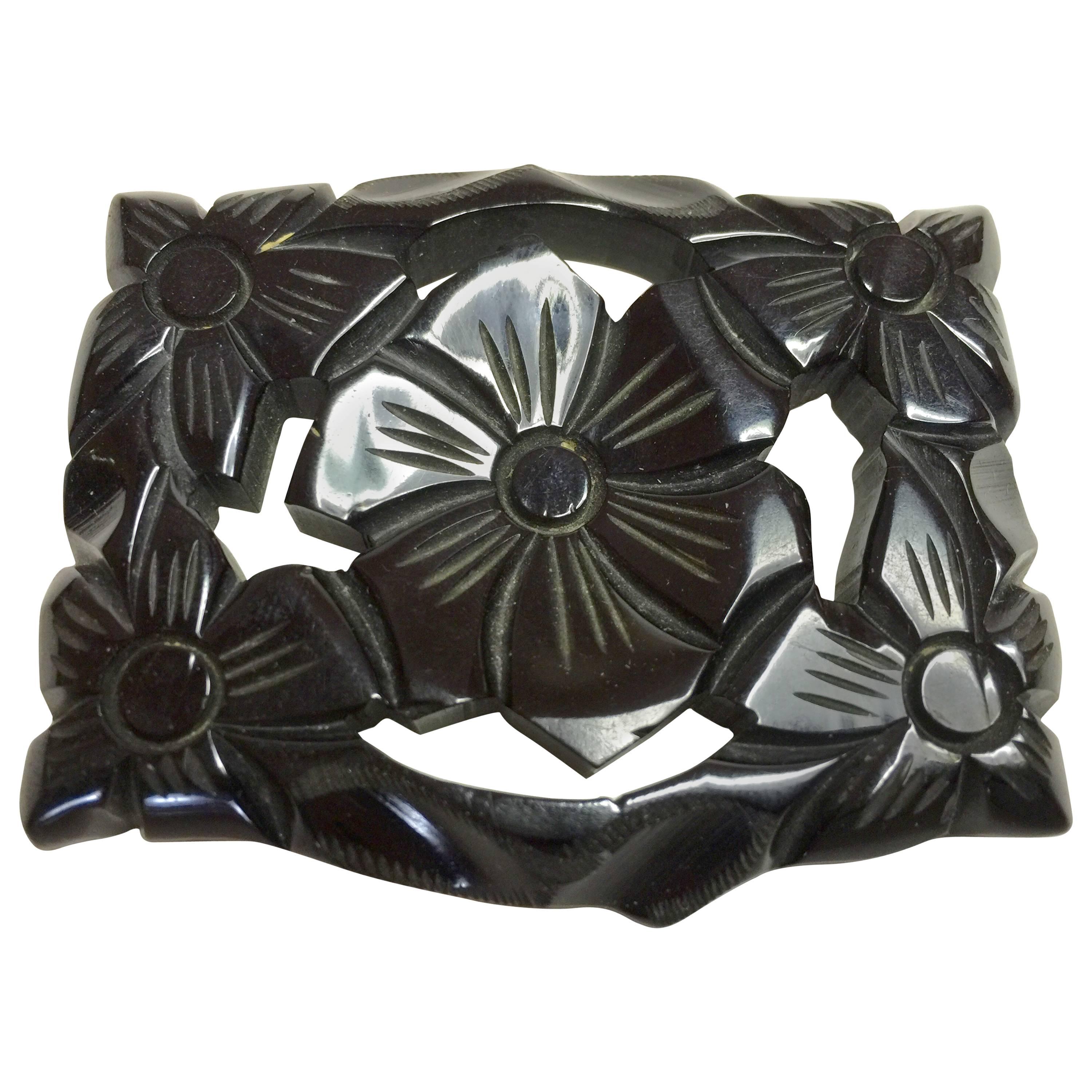 1930's Art Deco Black Bakelite Carved Floral Brooch For Sale