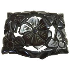 Vintage 1930's Art Deco Black Bakelite Carved Floral Brooch