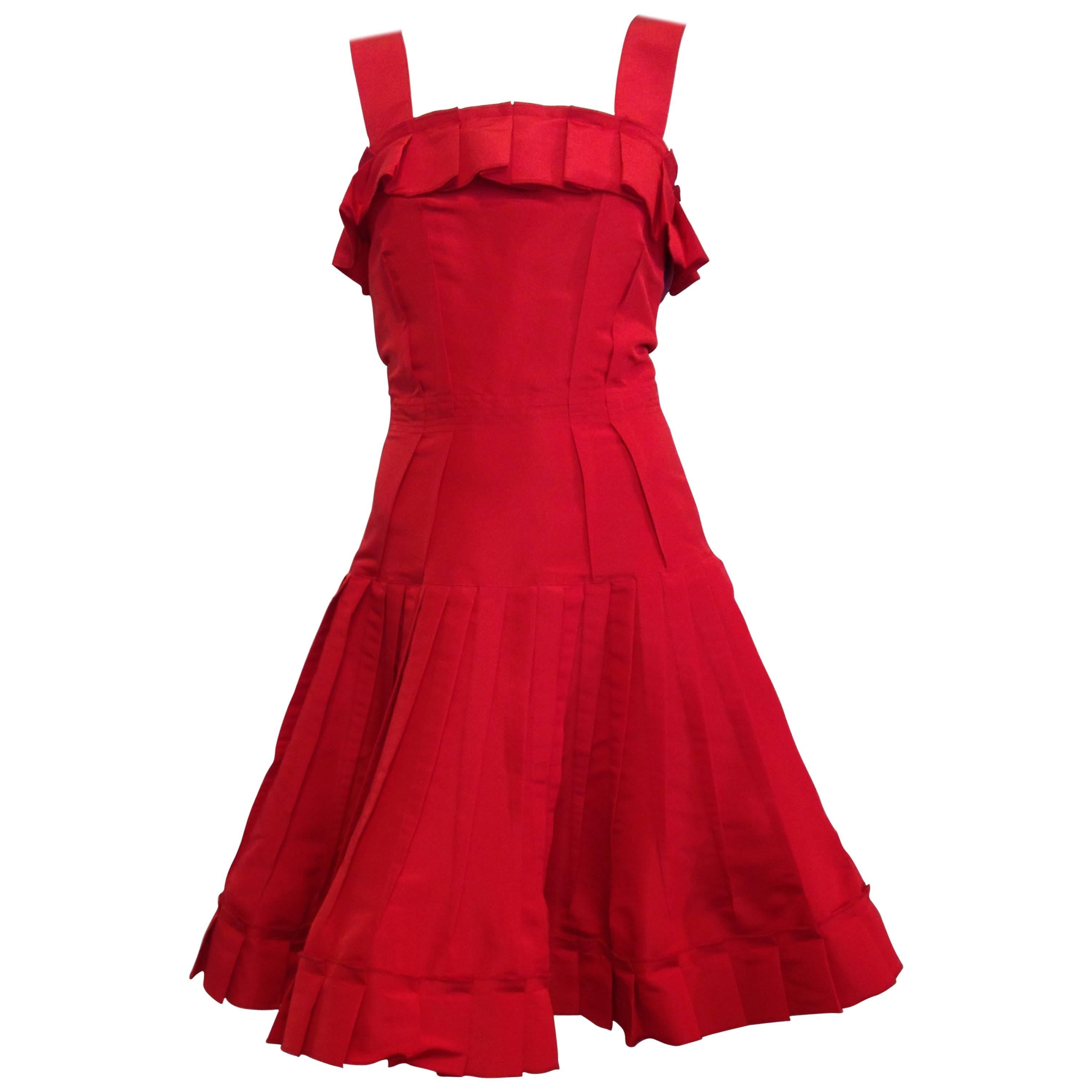 Oscar de la Renta Red Silk Dress with Ruffles For Sale
