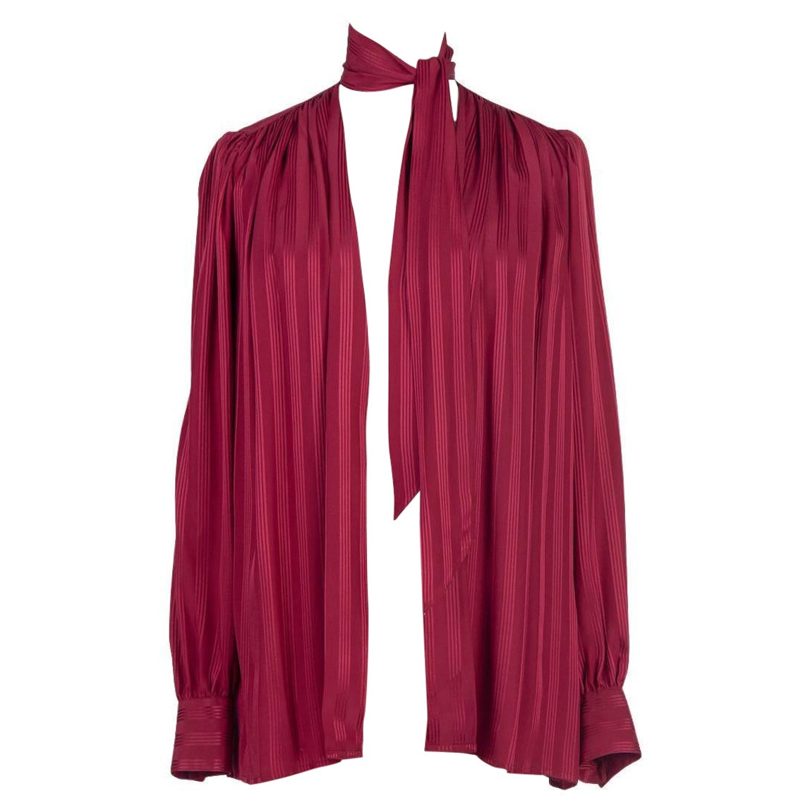 Yves Saint Laurent YSL Wine Red Silk Tie Neck Open Front Blouse, 1970s/1980s  For Sale
