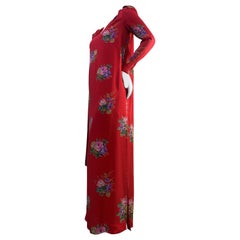 1980s Andrea Odicini Red & Floral Silk Jacquard Print Long Sleeved Gown w/ Scarf