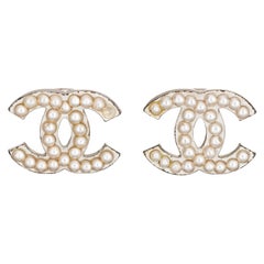 Chanel CC Logo Faux Pearl Earrings Clip On Silver Tone c2003 