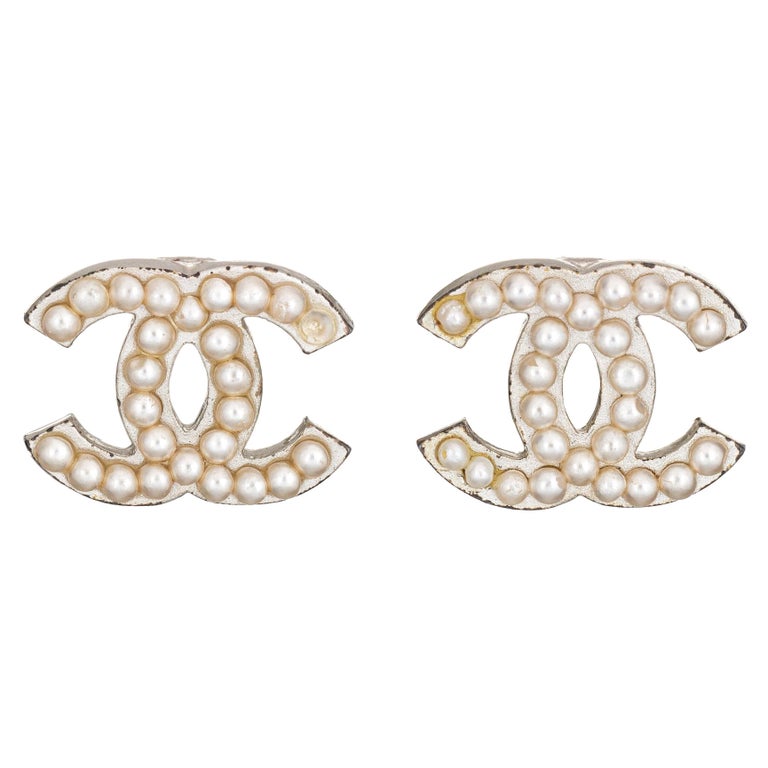 Chanel CC Logo Faux Pearl Earrings Clip On Silver Tone c2003 at 1stDibs