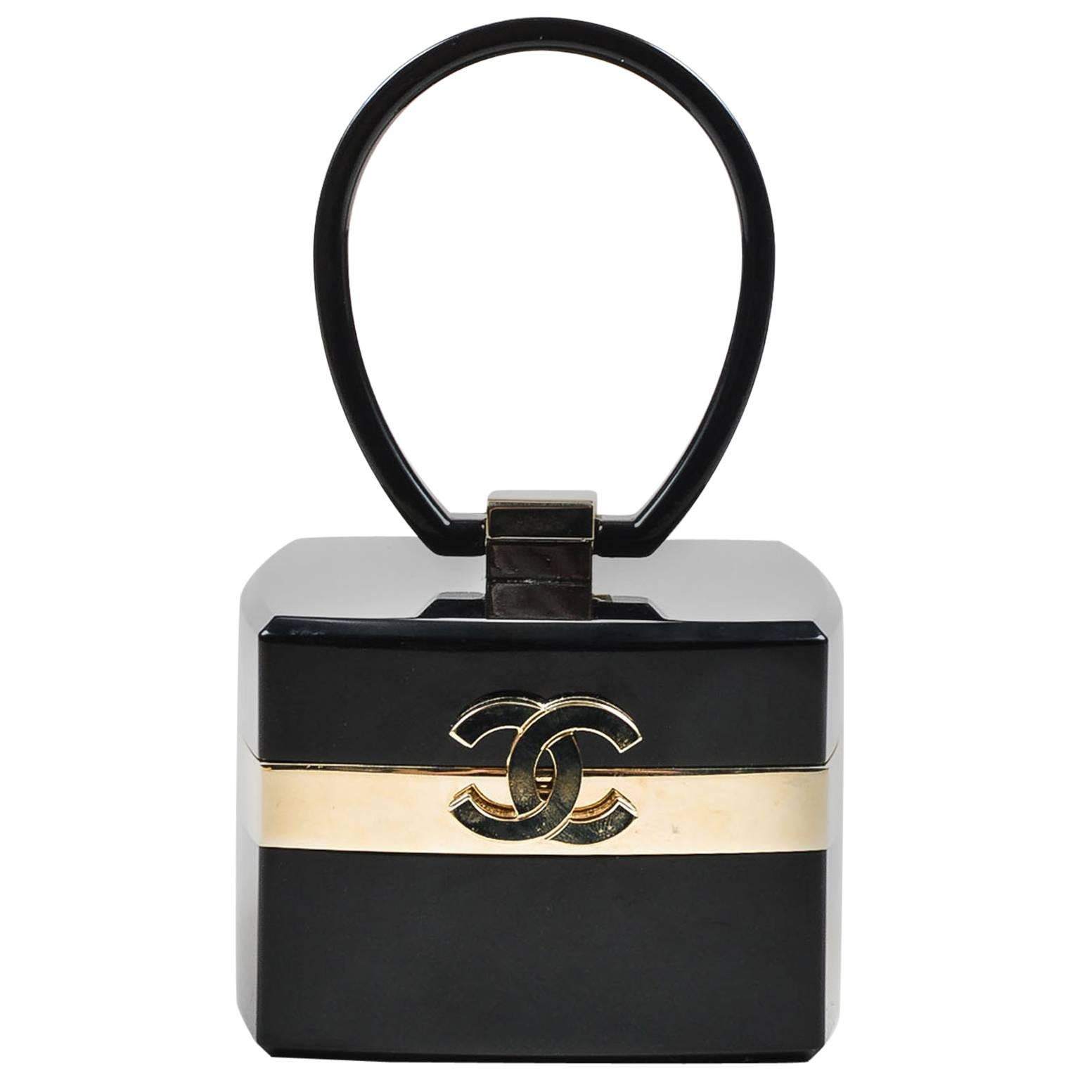 Chanel Fall 2004 Runway Black Gold Tone Lucite Plexiglass 'CC' Jewelry Box Bag For Sale