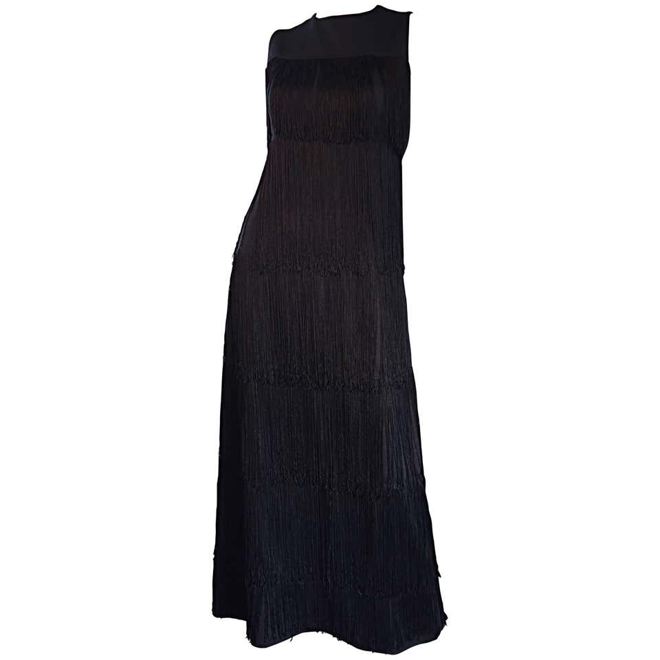 1960s Alfred Werber Black Fully Fringed Crepe Full Length Vintage Dress ...