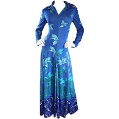 Beautiful Vintage La Mendola Turquoise Blue Tropical Silk Jersey 70s Maxi Dress
