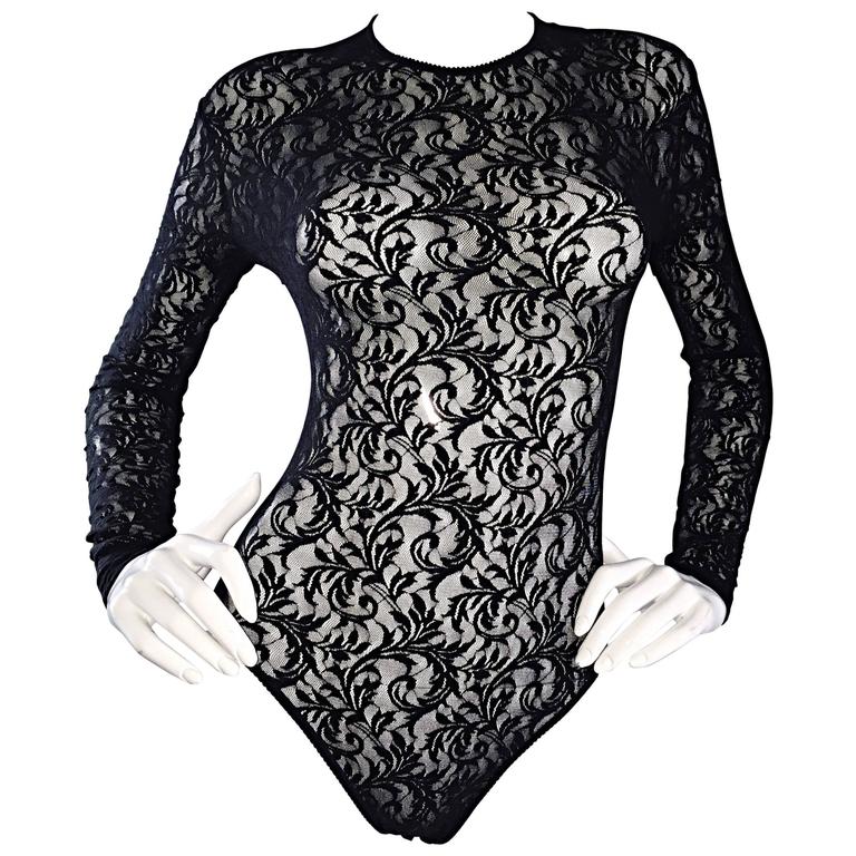 Vintage Calvin Klein 1980s Black Lace Sexy Long Sleeve 80s Bodysuit