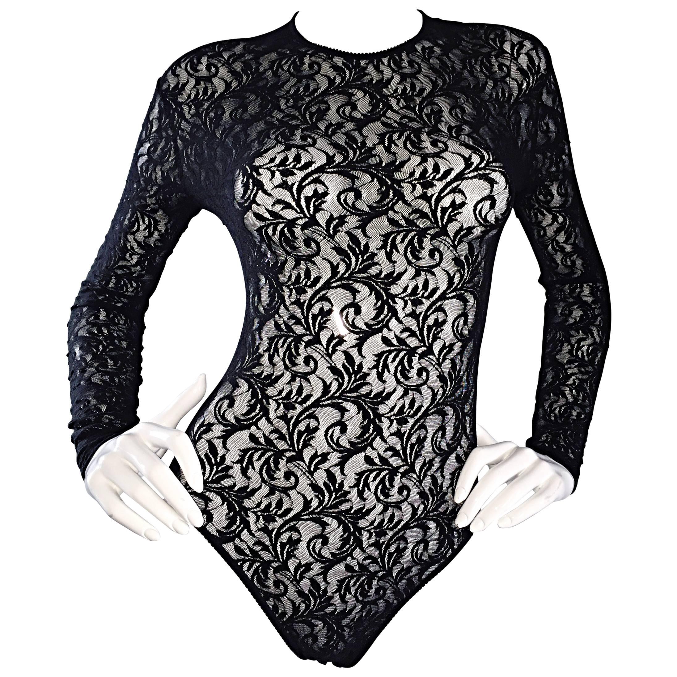 Vintage Calvin Klein 1990s Black Lace Sexy Long Sleeve 90s Bodysuit Onesie