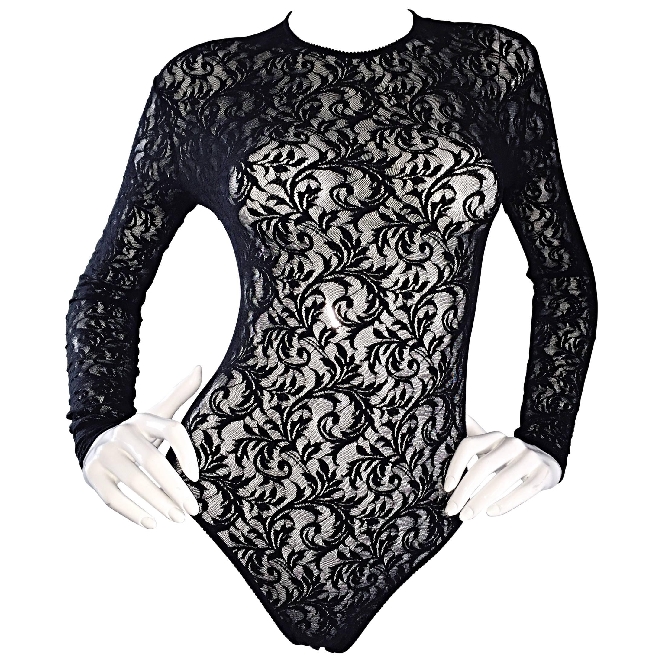 Vintage Calvin Klein 1990s Black Lace Sexy Long Sleeve 90s Bodysuit Onesie 