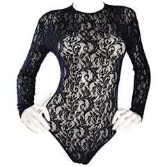 Retro Calvin Klein 1990s Black Lace Sexy Long Sleeve 90s Bodysuit Onesie 