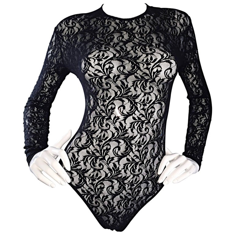 Vintage Calvin Klein 1990s Black Lace Sexy Long Sleeve 90s Bodysuit Onesie  For Sale at 1stDibs