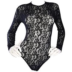 Vintage Calvin Klein 1980s Black Lace Sexy Long Sleeve 80s Bodysuit Onesie 8